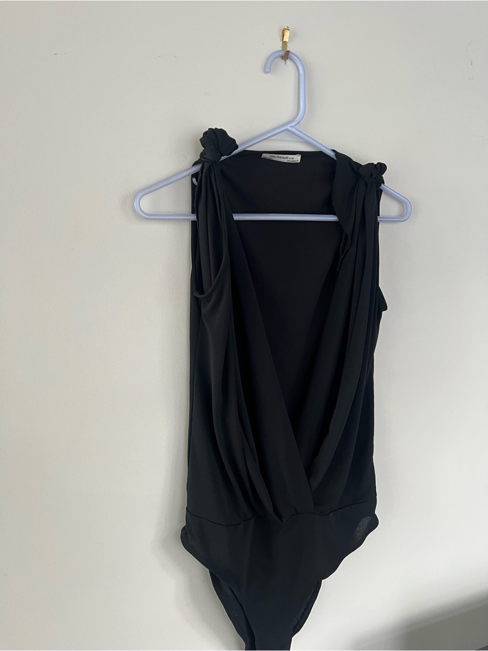 Zara Black Draped Knot-Shoulder Bodysuit